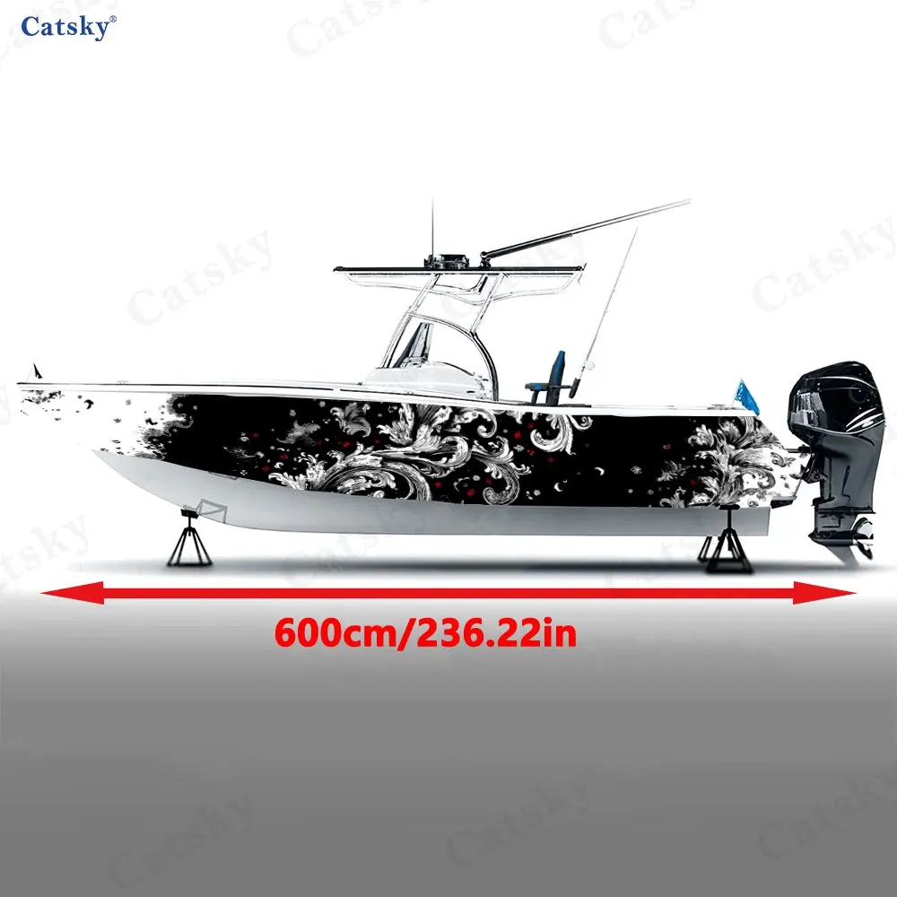 Retro Scroll & Star Dot Boat Stickers, PVC Waterproof Durable Vinyl Wrap Decals for Fishing Boats, Durable and Stylish Design