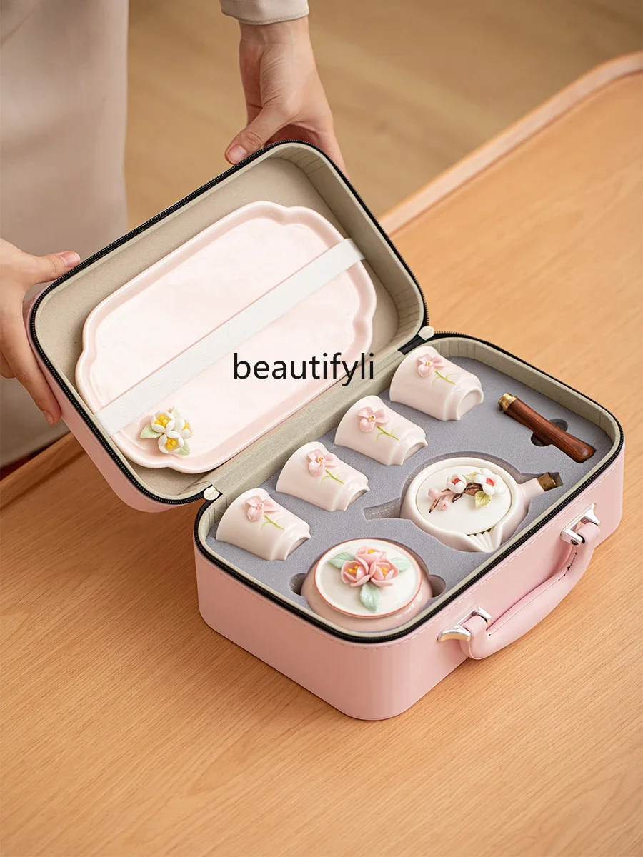 

Pink pinched flower travel tea set small set outdoor kung fu teacup portable storage ceramics