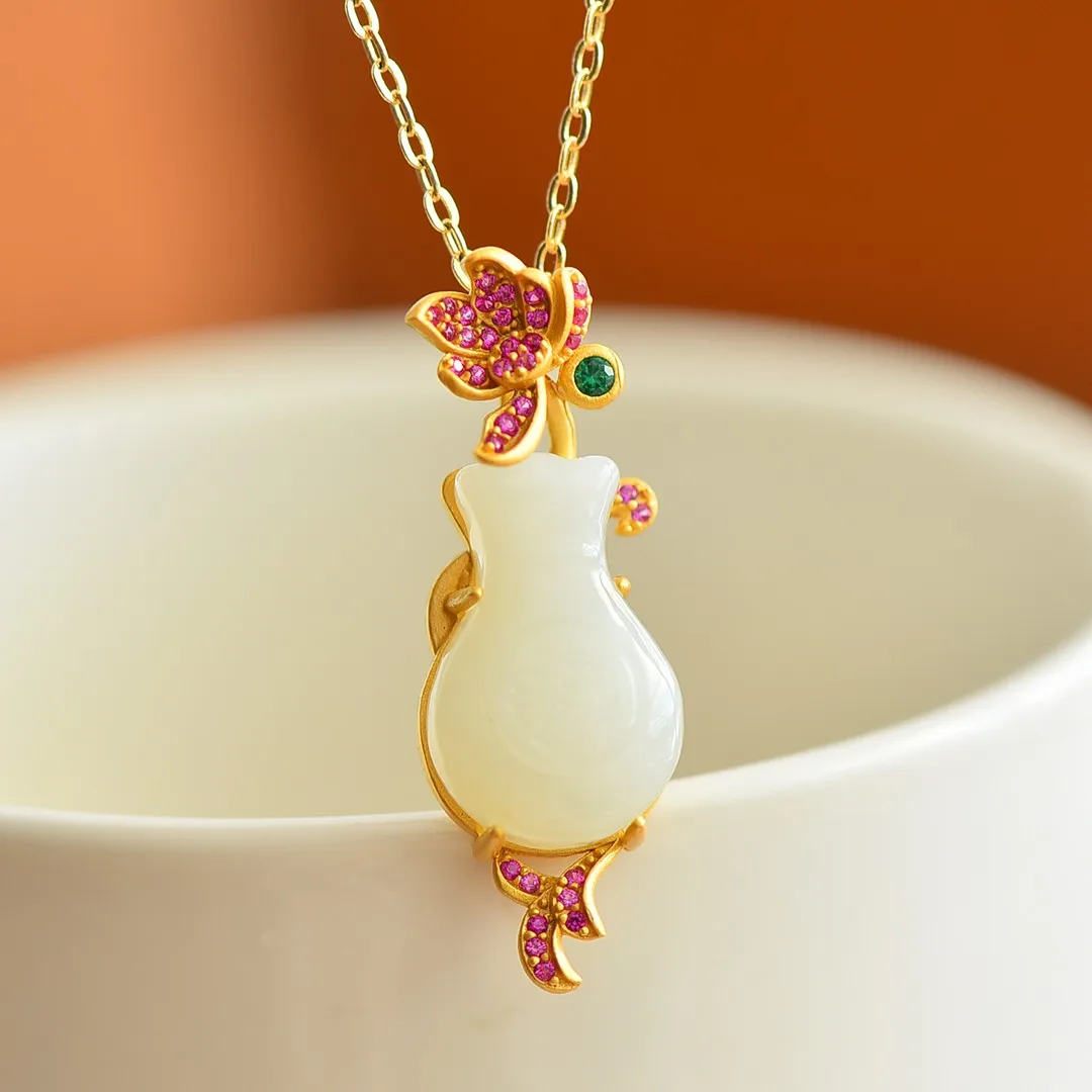 Hotan Jade Vase with Colored Pickaxe Pendant vase-shaped luxury natural beauty inlaid jade pendant women's jewelry high quality