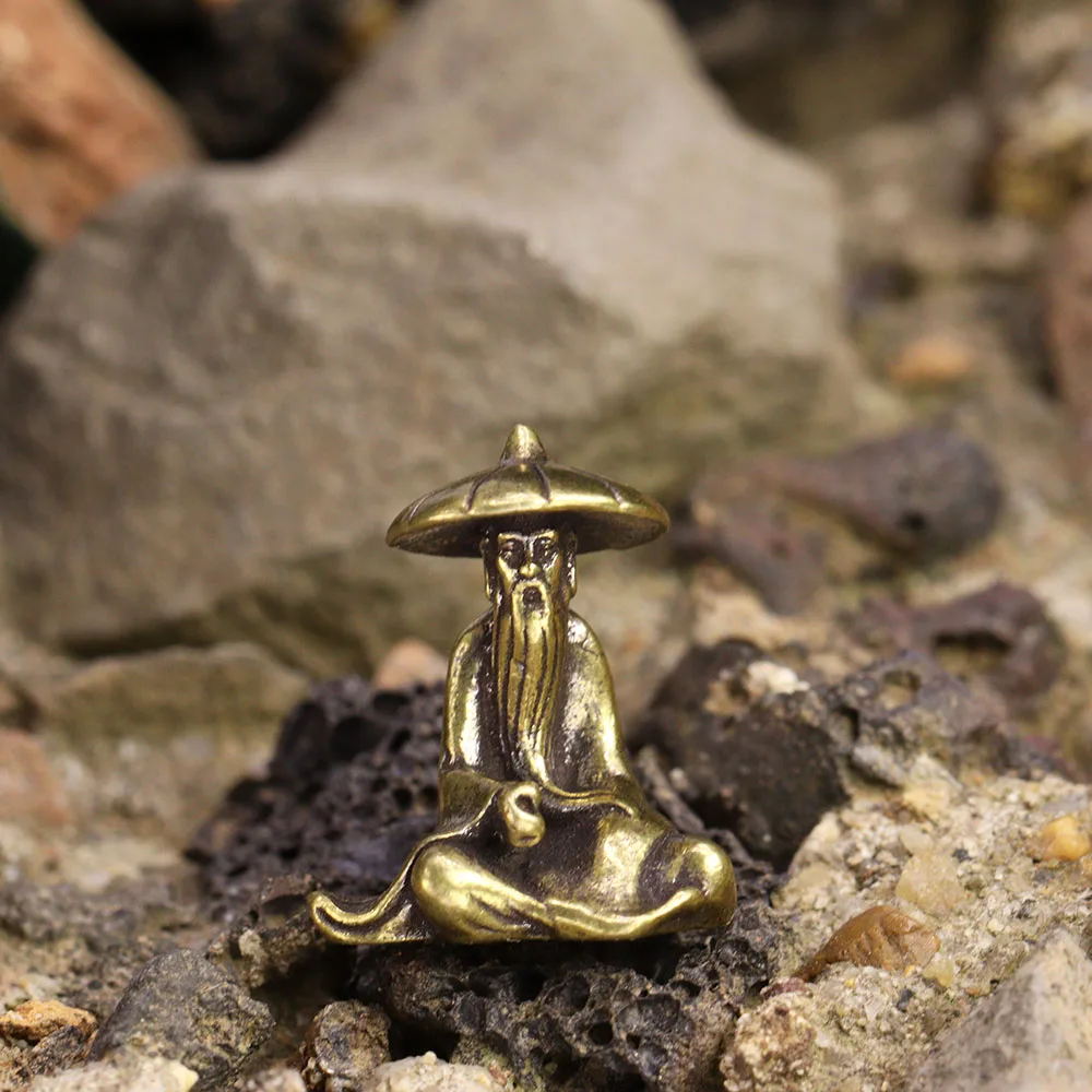 Brass Fishing Old Man Small Statue Desktop Ornaments Retro Fisherman Mini Figurines Models Home Decorations Crafts Accessories