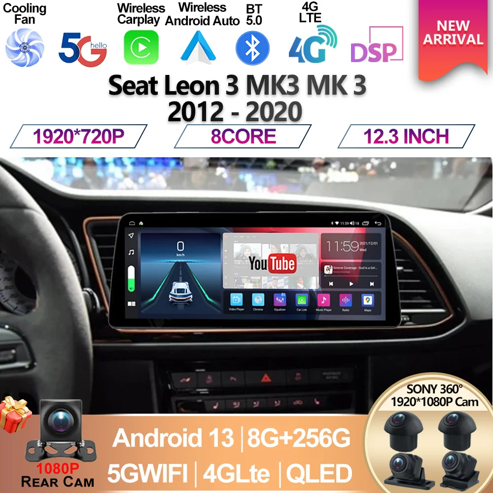 12.3 inch For Seat Leon 3 MK3 MK 3 2012 - 2020 screen Car Radio GPS Navigation 4G DSP BT Carplay Android 13 Video Player Auto