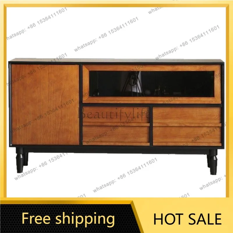 LS medieval solid wood dining side cabinet simple retro coffee machine living room wall storage drawer cabinet
