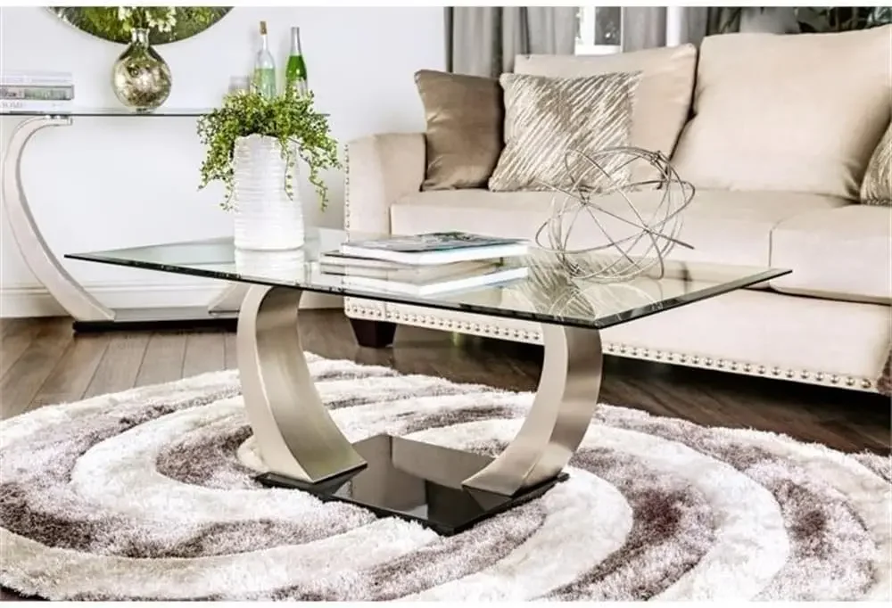 Modern Contemporary Glass Top Coffee Table, Living Room, with Satin Silver Base