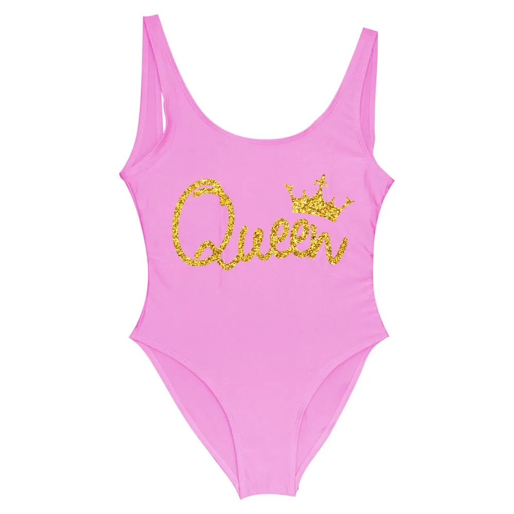 Party Queen &Slay Swimwear Glitter Gold Hot Pink Printing One Piece Swimsuit Women Bathing wear Bathing Suit Swimsuits