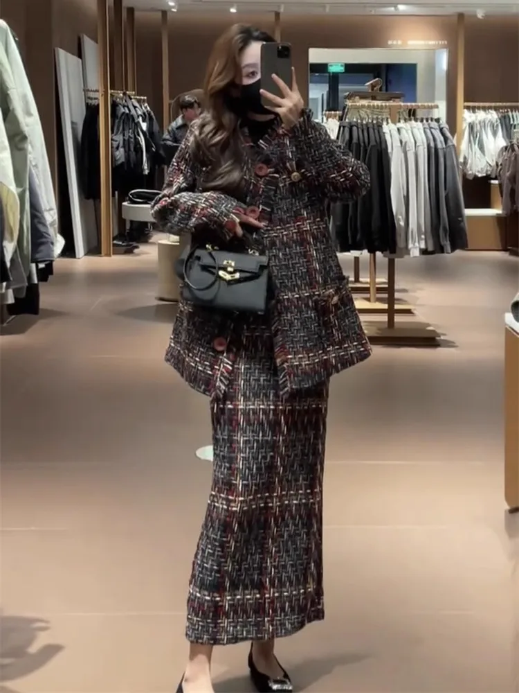 Inverno nova moda feminina high-end temperamento grosso tecer pequena fragrância estilo casaco + meia saia elegante conjunto de duas peças