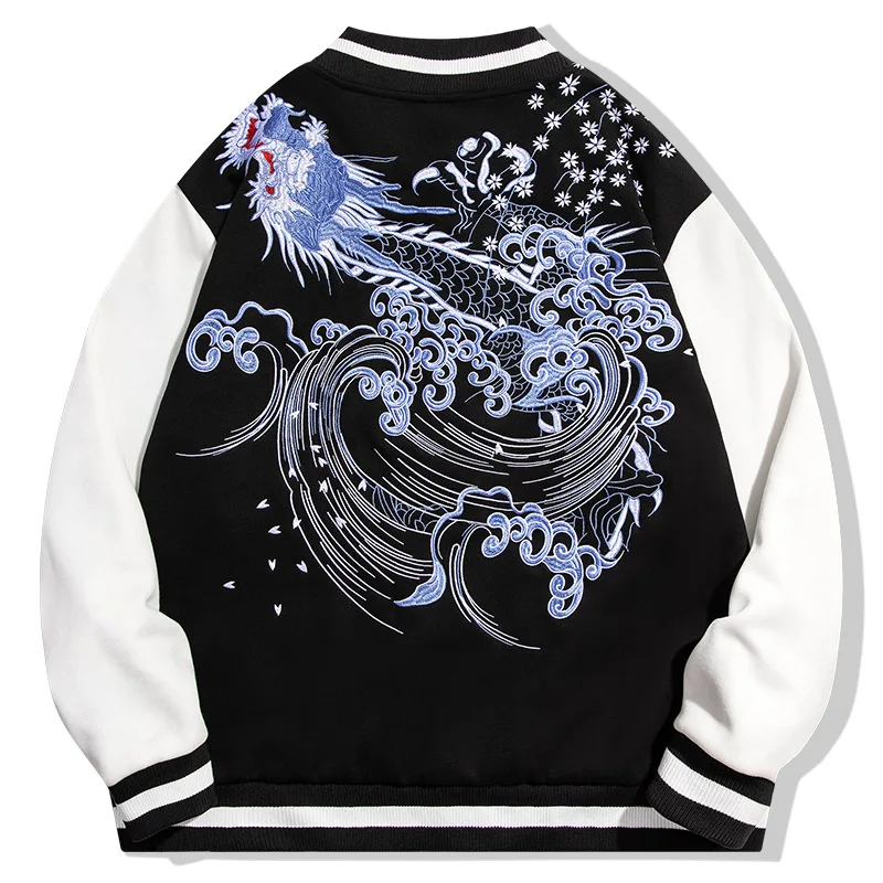 

Harajuku Black Dragon Embroidery Coat Autumn Men Baseball Jacket Casual Bomber Uniform Streetwear Tops