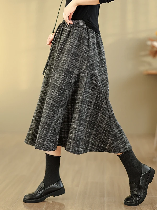 레트로 하이웨이스트 A라인 체크 스커트 여성용 겨울 루즈핏 허리 슬림 미디 스커트 캐주얼 인조 퍼 소재