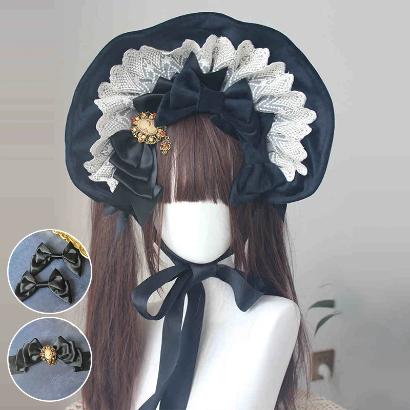 Handmade Women Antique Doll Bonnet  Vintage Gothic Style Lolita Anime Exhibition Hat Gothic Dark Cosplay Bnt Hair Accessories