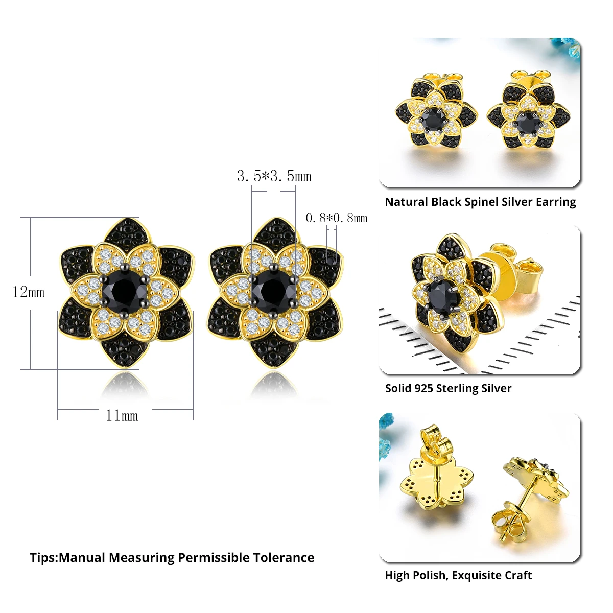 Natural Black Spinel Sterling Silver Yellow Gold Plated Stud Earring Women Classic Fine Jewelrys Daily Use Style S925 Gifts