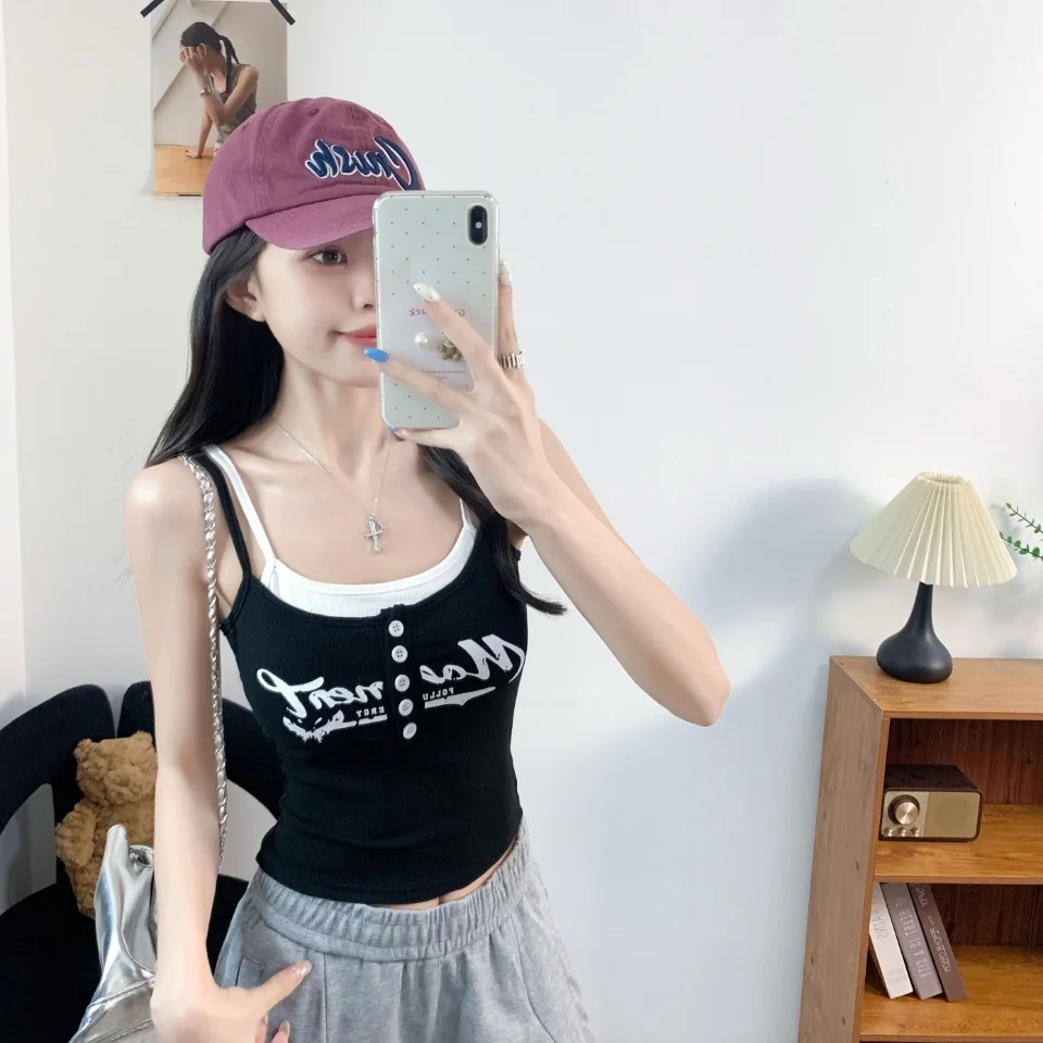 Summer New Style Spicy Girl Color Block Letter Print Buttoned Crop Top Women's Slim Fit Integrated with Chest Pad Vest