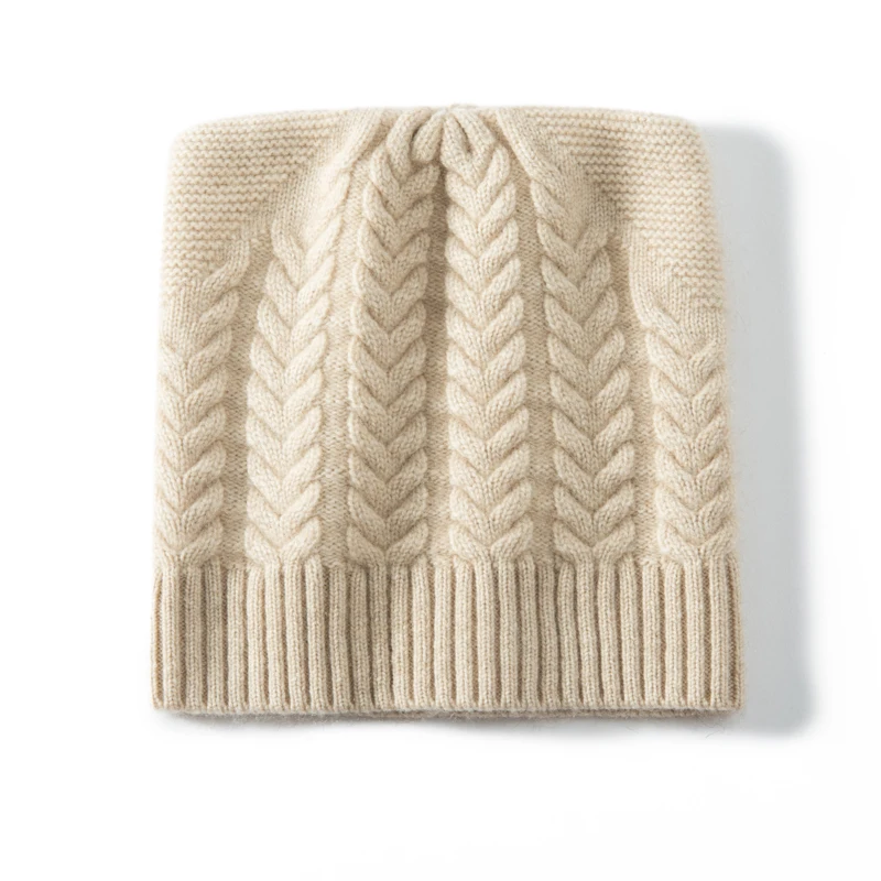 KOIJINSKY Women Winter 35% Cashmere 65% Merino Wool Vertical Cable Twist Knit Beanie Straight Slouch Fit Ribbed Hem Elastic Soft