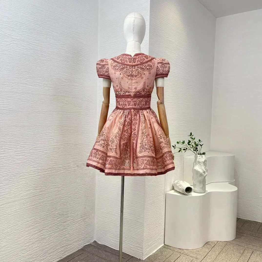 2024 Nuovo Paisley di Alta Qualità di Lino di Seta Arancione Rosa Stampa Floreale Con Scollo A V Lace-up A Vita Alta Donne Vintage Mini Abito