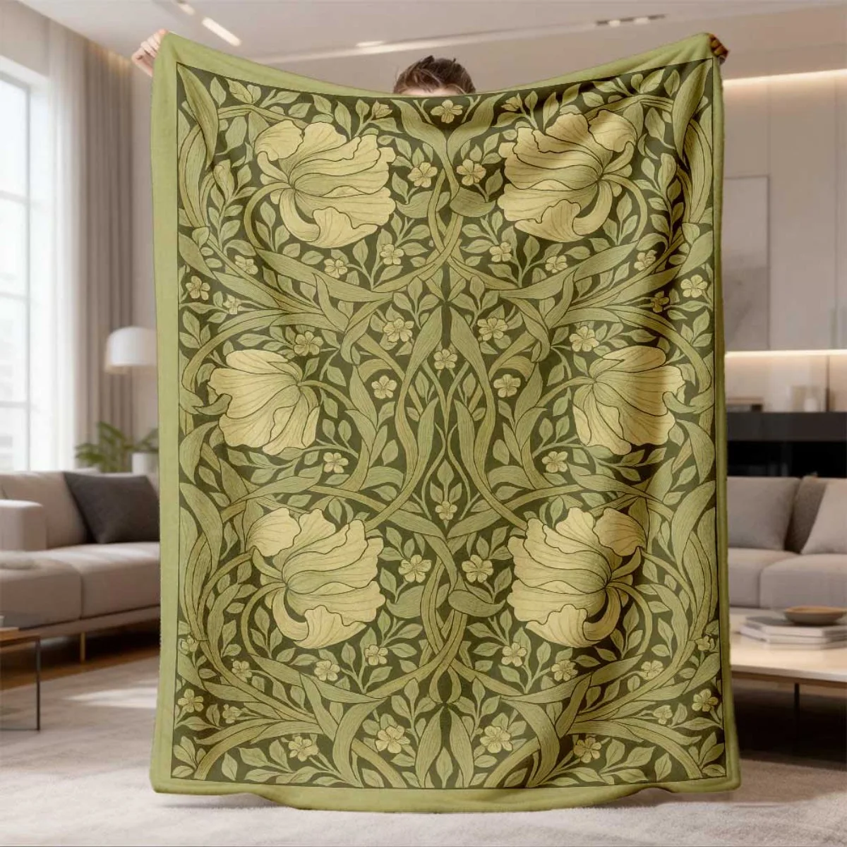 Vintage Botanical Floral Throw Blanket, William Morris Green Leaf Flower Art Print Cozy Flannel Blanket Bedroom Sofa Home Decor