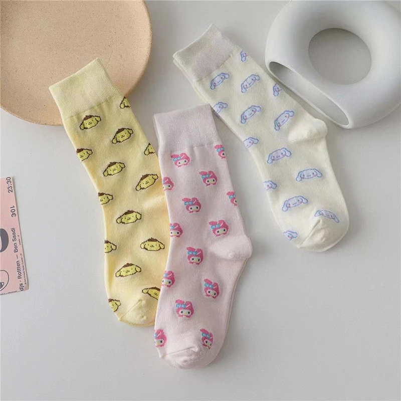 Sanrio Mymelody Cinnamoroll Pom Pom Purin Mid Length Socks Ins Breathable Minimal Design Leisure Sports Socks Girls Gifts Lovely