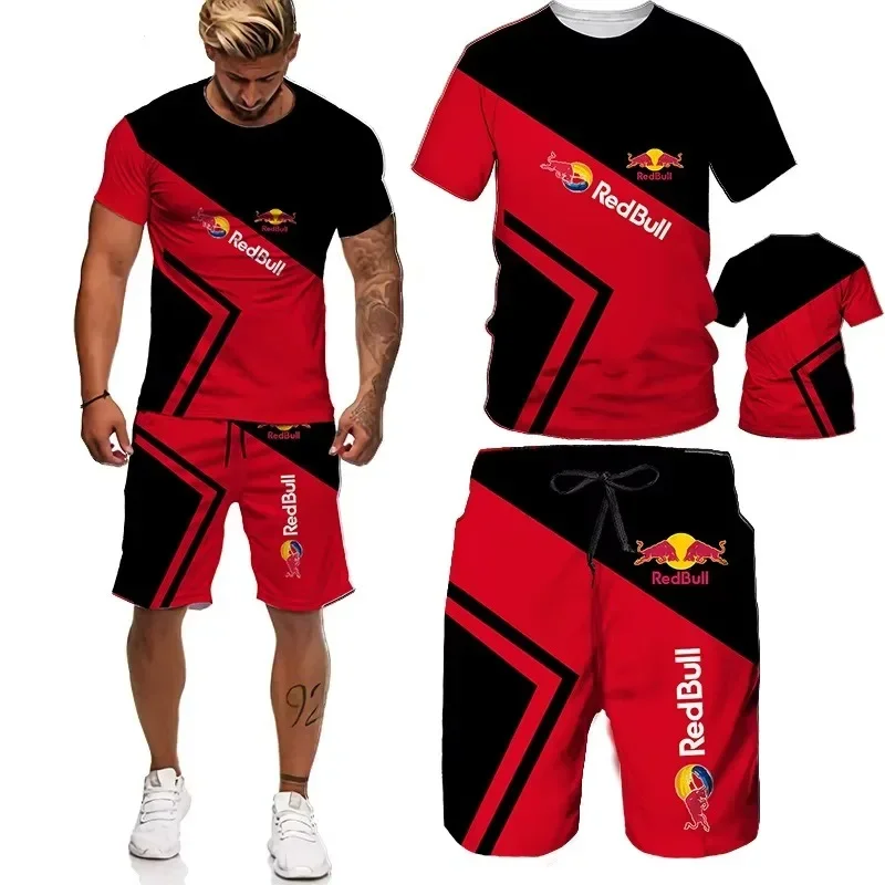 เสื้อยืดกีฬาผู้ชายกางเกงขาสั้นชุด 2025 ฤดูร้อน Red Bull 3D พิมพ์โพลีเอสเตอร์สบายรอบคอชุดมอเตอร์ไซค์