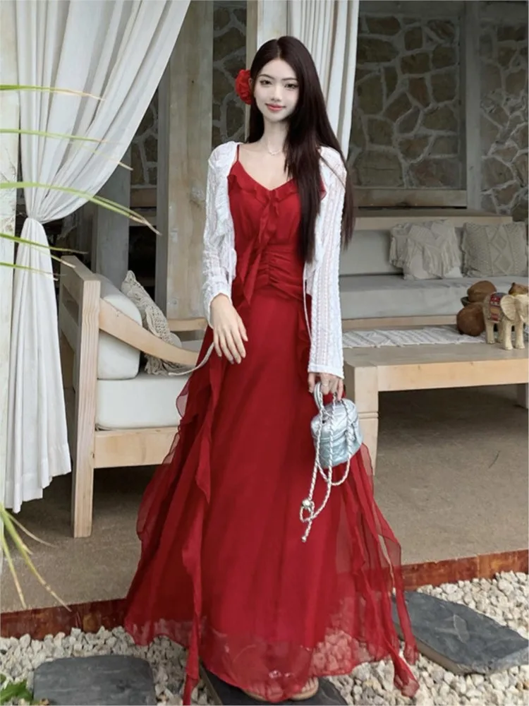 

A large-sized new-style red cinched waist halter dress