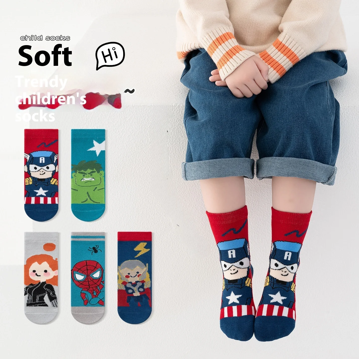 

5 Pairs Marvel Spiderman Hulk Hulk Boy's Socks Cartoon Children Socks Middle Tube Sock Cotton Cute Kids Socks Size 1-8 Years