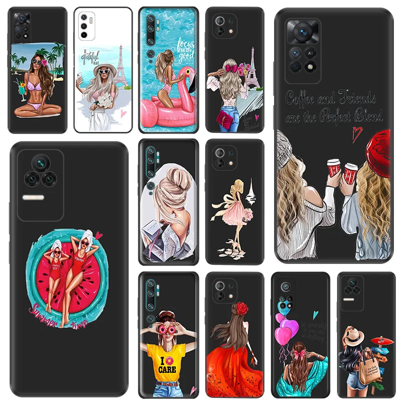 Phone Case For Redmi 10C 10A Note 11 Pro 10 s 11s Cartoon Summer Girl Travel BFF Xiaomi 10t 11t Lite Black Soft Protective Cover