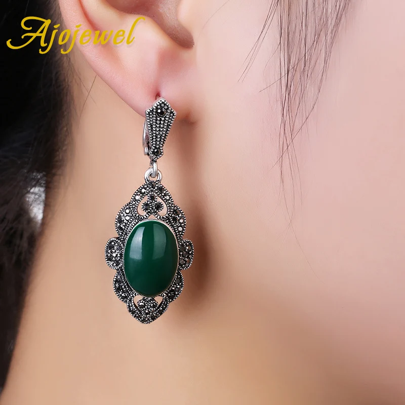 Ajojewel Vintage Dark Green Jewelry Set With Stones Antique Silver-color Black CZ Earrings And Necklace Elegant Womens Gifts