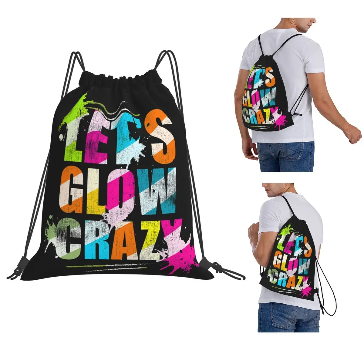 Let's Glow Crazy Neon Party Light Rave Backpacks Casual Drawstring Bags Storage Bag Book Bags for Travel Students