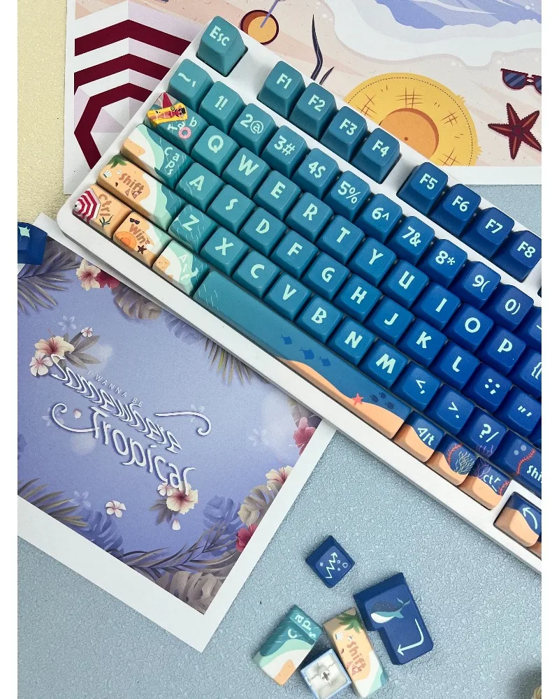 Sea blue gradual change color MDA keycap opaque full five-sided thermal sublimation customization