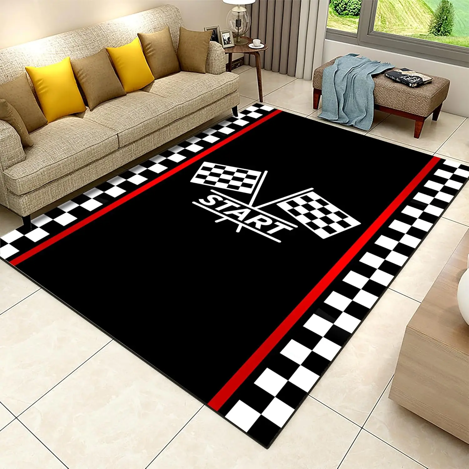 Race Car Checkered Flag Floor Mat START Line Print Non-Slip Washable Rug for Kids Bedroom Living Room Indoor Home Decor