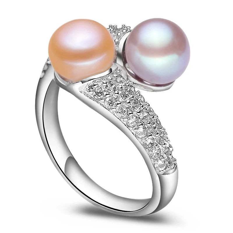 YouNoble Natural Cultured Sterling Silver Pearl Ring Women,White Double Adjustable Ring With Pearl Wife Mother Birthday Gift