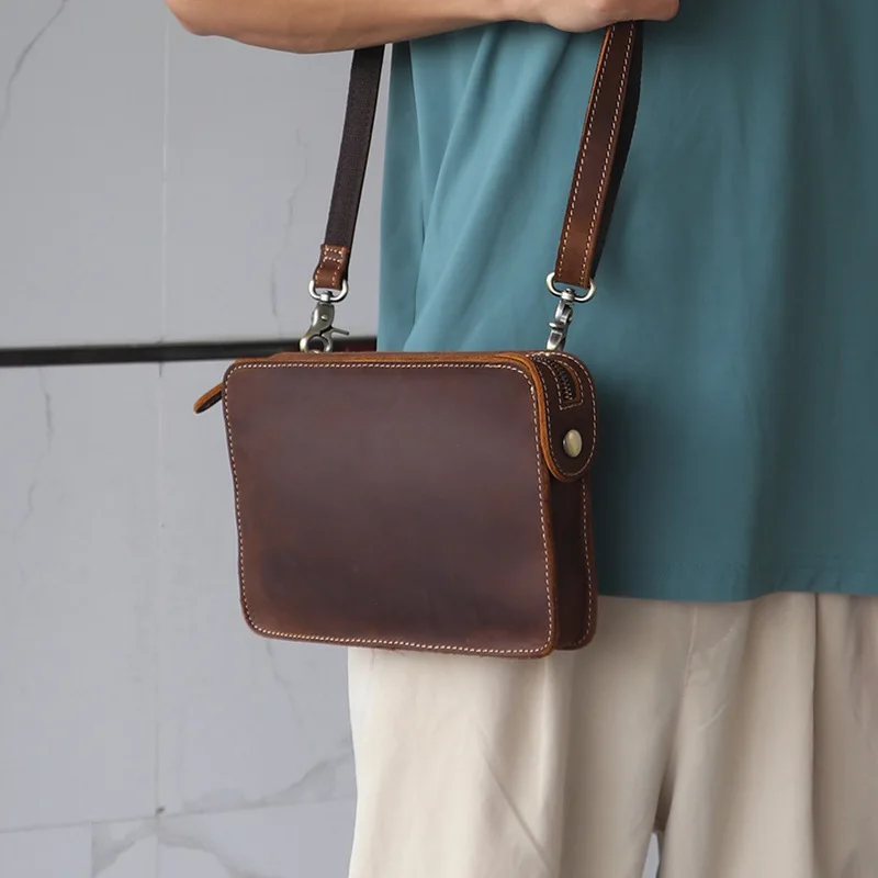 Bolso cruzado de cuero para hombre, bandolera con capa para la cabeza pequeña de cuero de vaca, artesanía de Caballo Loco, Retro