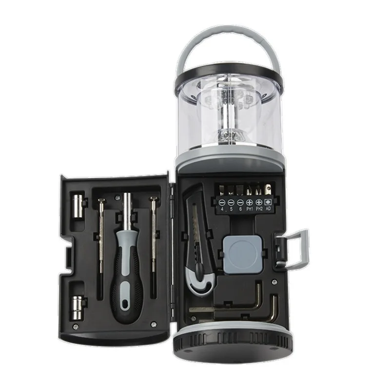 Camping Lantern with Hand Tool Set Portable LED Emergency Light Multi Function Hardware Kit Outdoor Camp Lamp for Home Repair