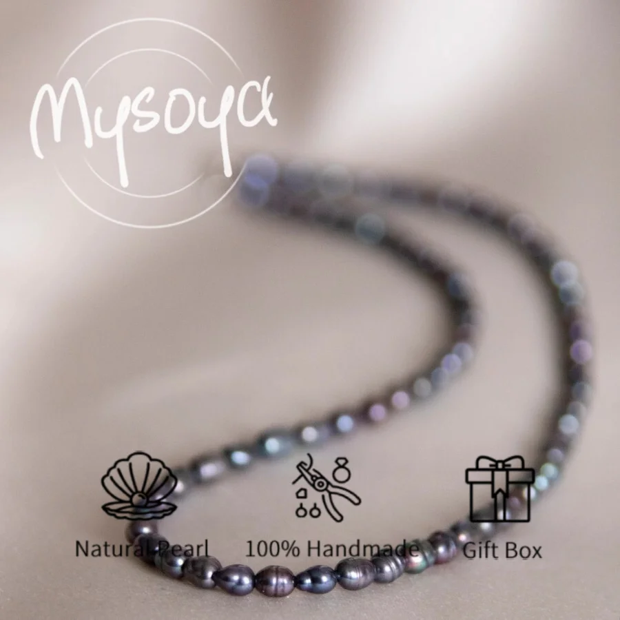 

MYSOYA 6-7mm Natural Black Rice Shape Freshwater Pearl Necklace For Women And Men With Gift Box Birthday Wedding Jewelry Gift
