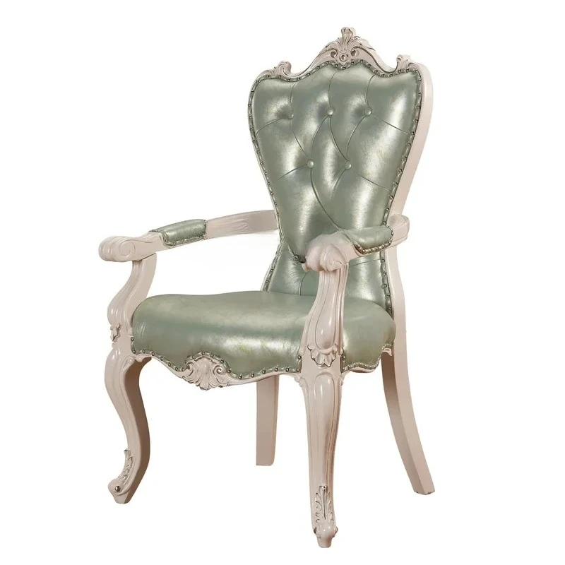 

A16 European solid wood first layer real cowhide dining chair American ivory white carved study armchair