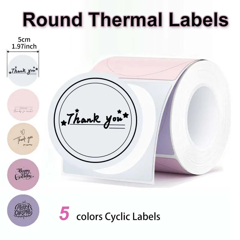 50*50mm Round Thermal Labels 5 Colors Cyclic Self-adhesive Durable Printable Roll Stickers Card Wedding Gift Circle Tag Paper