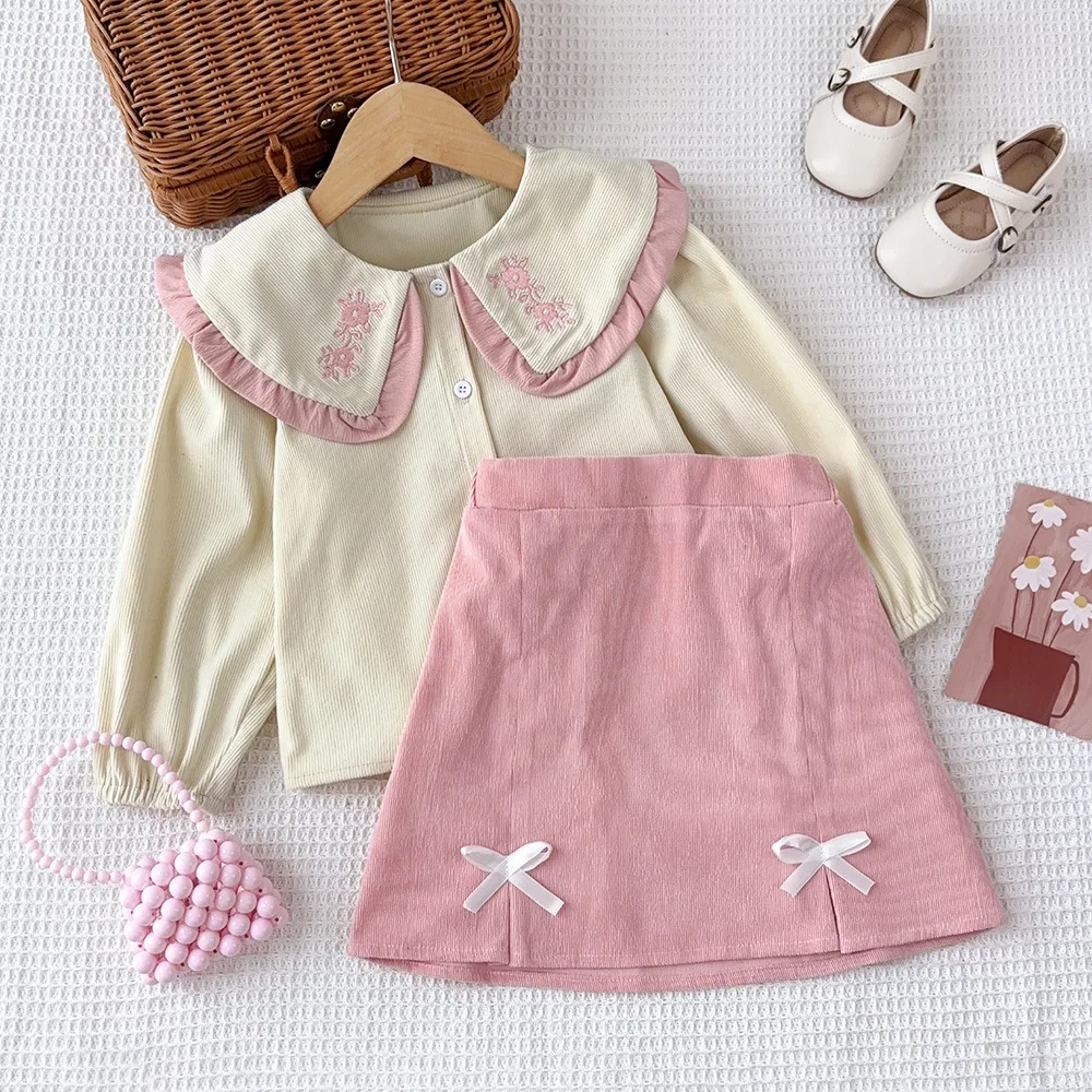 2026 Spring New Baby Girls Set Solid Color Kids Collar Embroidered Top+Short Skirt 2PCS Suit for Children's Clothing Outfits