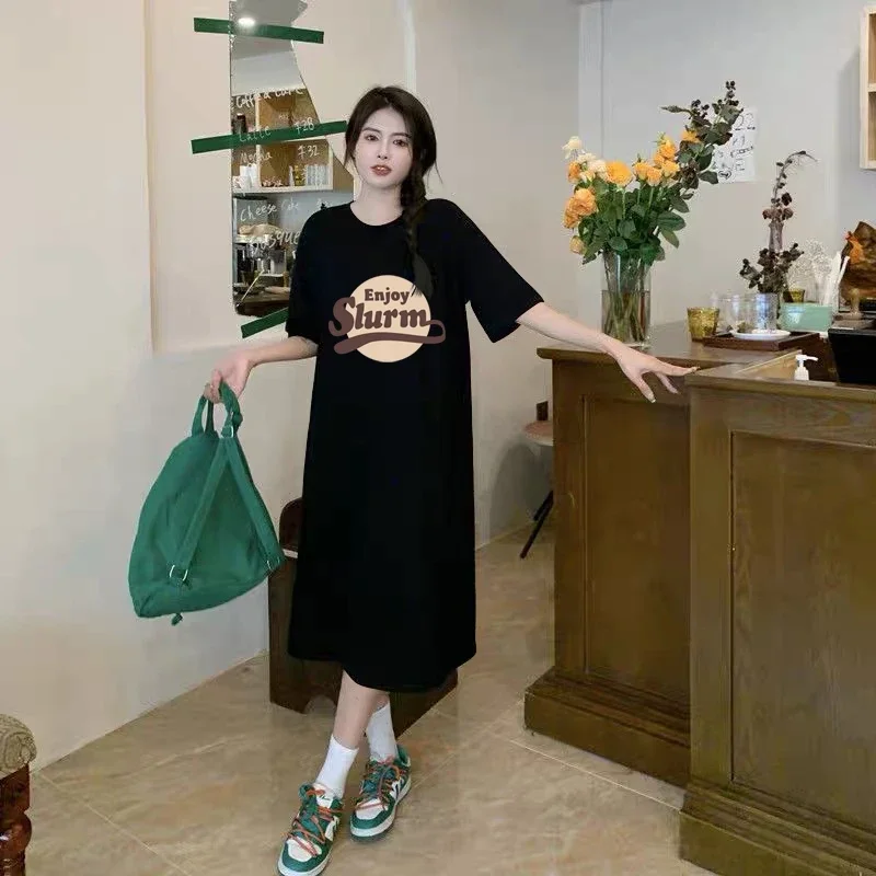 فستان صيفي جديد فضفاض مقاس كبير للنساء فستان عتيق مطبوع عليه حروف ورقبة دائرية وأكمام قصيرة