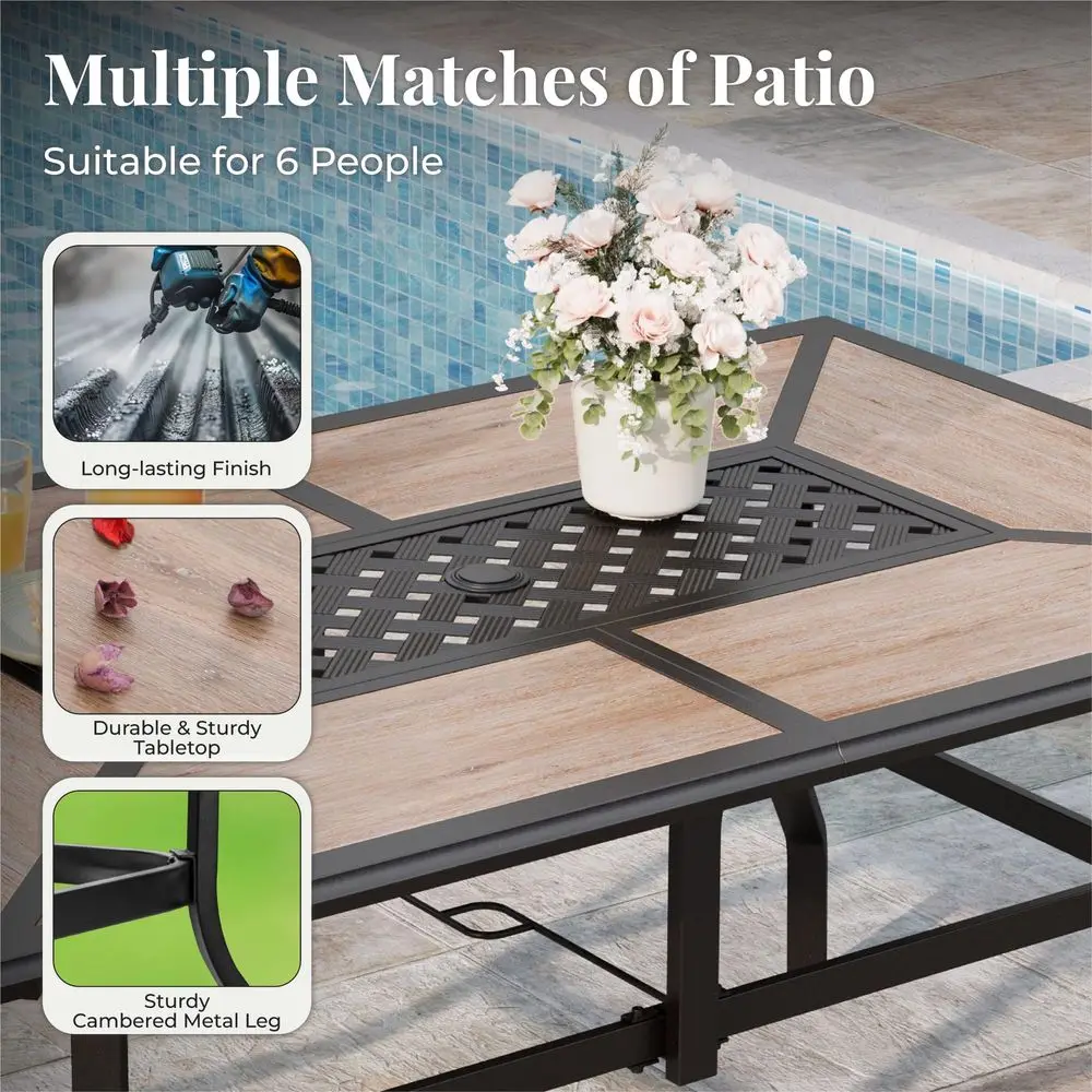 

Outdoor Patio Dining Set 7 Piece Furniture Set with 6 Brown Textilene Chairs and WoodLike Table Top Rectangular Table for Deck