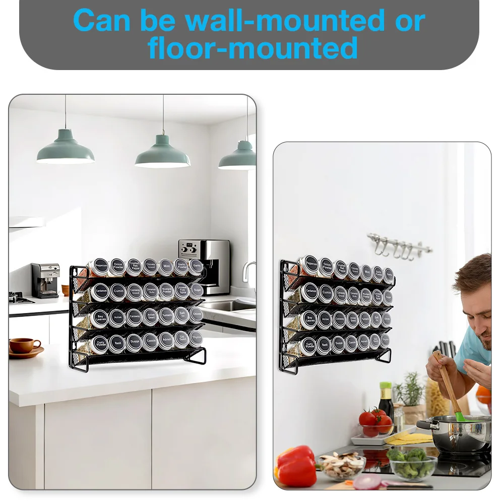 Kitchen Organizer Spice Rack 3/4 Tier Wall Mounted Carbon Steel Shelf with Glass Spice Jars Pantry Cupboard Kitchen Accessories