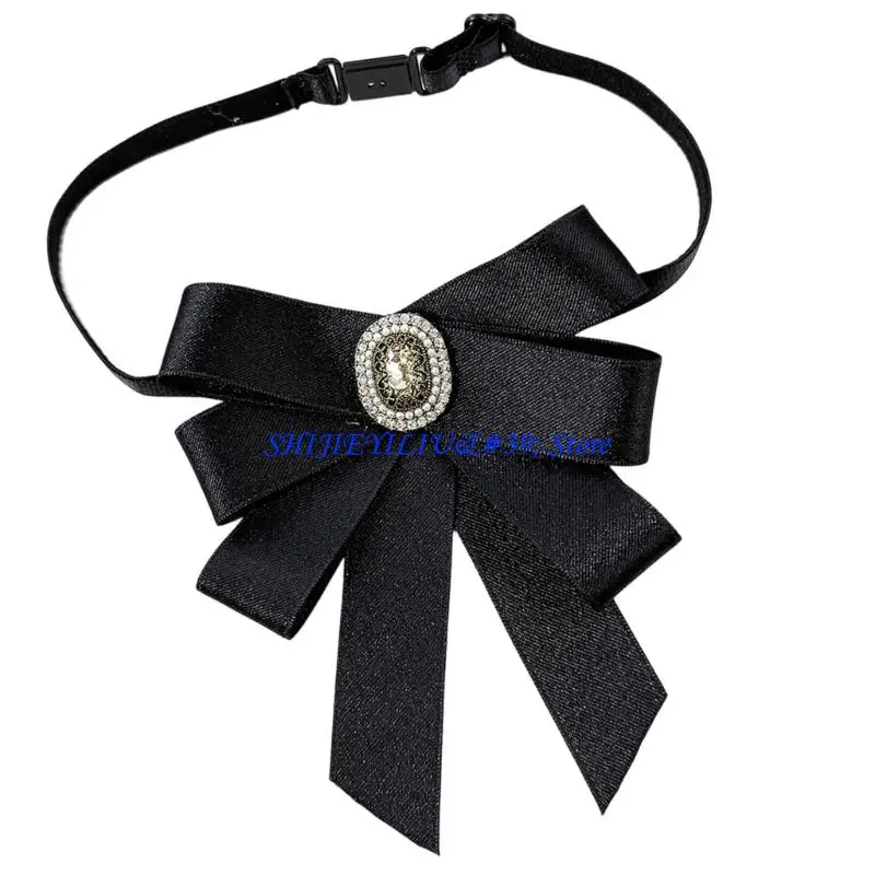 E21F Office Lady Pearls Brimmed Bows Tie for Women Girls for Normal Shirt Or Blouse Uniform Bowtie Pre Tied Bows Neck Tie