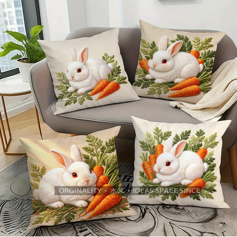 Cute Rabbit Carrot Farmhouse Throw Pillow Covers Pattern Cushion Cover Suitable For Sofa Bedroom Car Pillow Cover