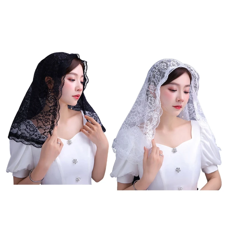 

652F Lace Shawl Mantilla Veil Lightweight Tassel Scarf Floral Shawls and Wraps for Women Latin Mass Veil for Bride 2 Colors