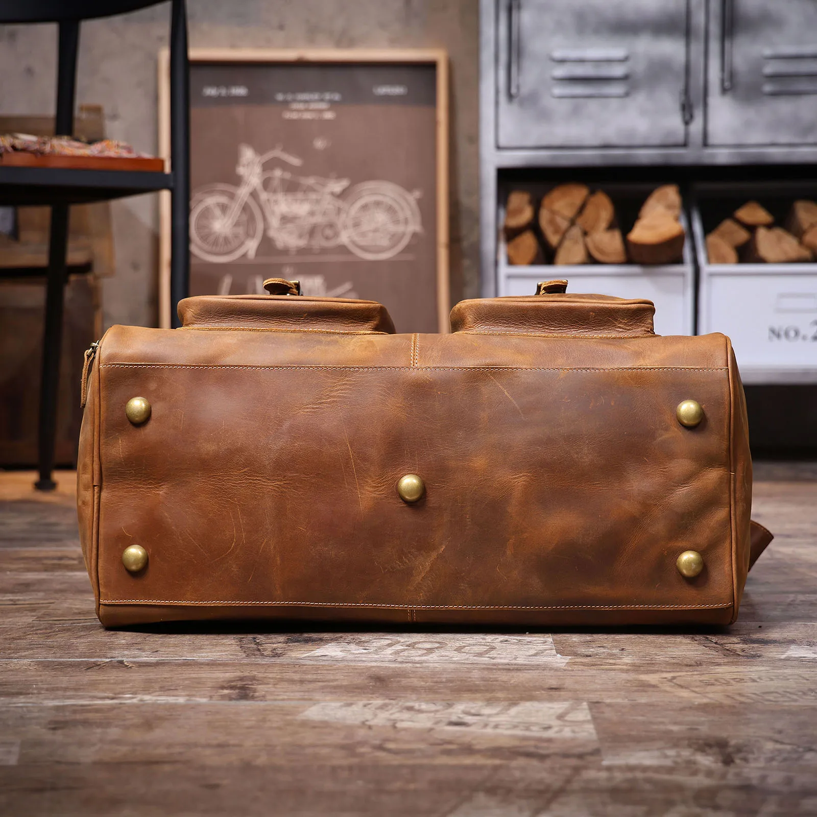 S.WORKER Vintage Echtleder-Reisetasche aus Crazy-Horse-Rindsleder, handgefertigte Weekender-Tasche, Sporttasche – Detail 12