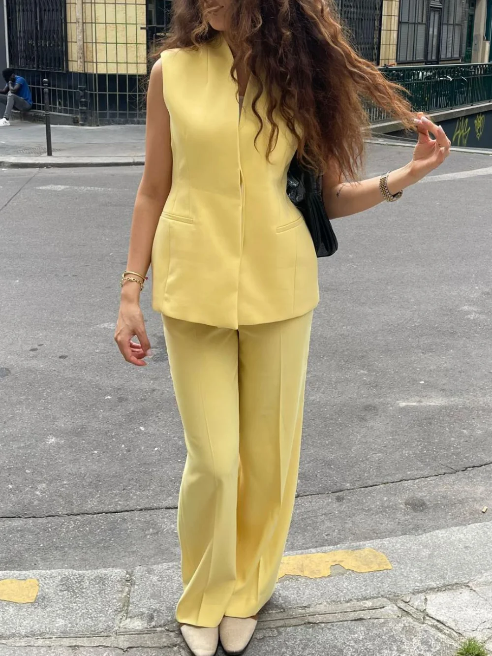 

Women's Commuter Pocket Decoration Commuter Solid Color Pants Suit Sleeveless Button V-neck Vest Loose Wide Leg Zipper Pants