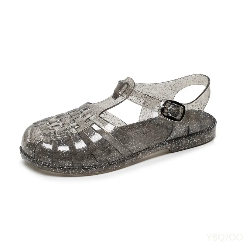 Hollow Out Bling przeciwdeszczowe galaretki sandały damskie letnie cukierkowe buty damskie kapcie Cover Toe płaskie sandały Femmes sandały z pcv
