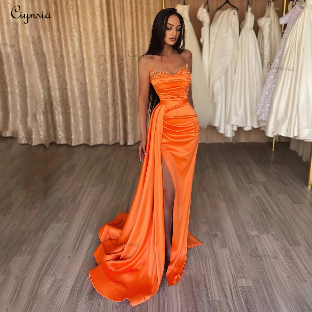 

Ciynsia Orange Mermaid Prom Dresses Beadings Off Shoulder Bodycon Ruched Formal Evening Gowns Pleated Side Slit Vestidos De Gala