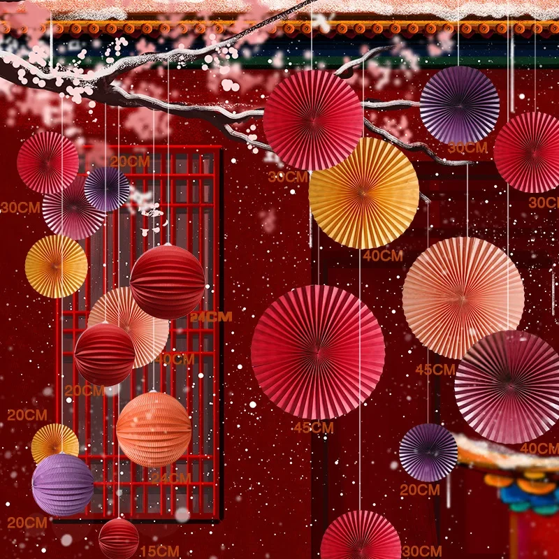 Datang festive background layout shopping mall jewelry store creative window atmosphere paper fan latte decoration pendant