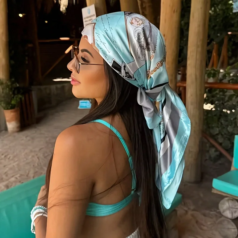 

1 шт. Женский квадратный платок в винтажном стиле - светло-голубой и белый богемный пляжный платок, ветрозащитный и солнцезащитный, для женщин