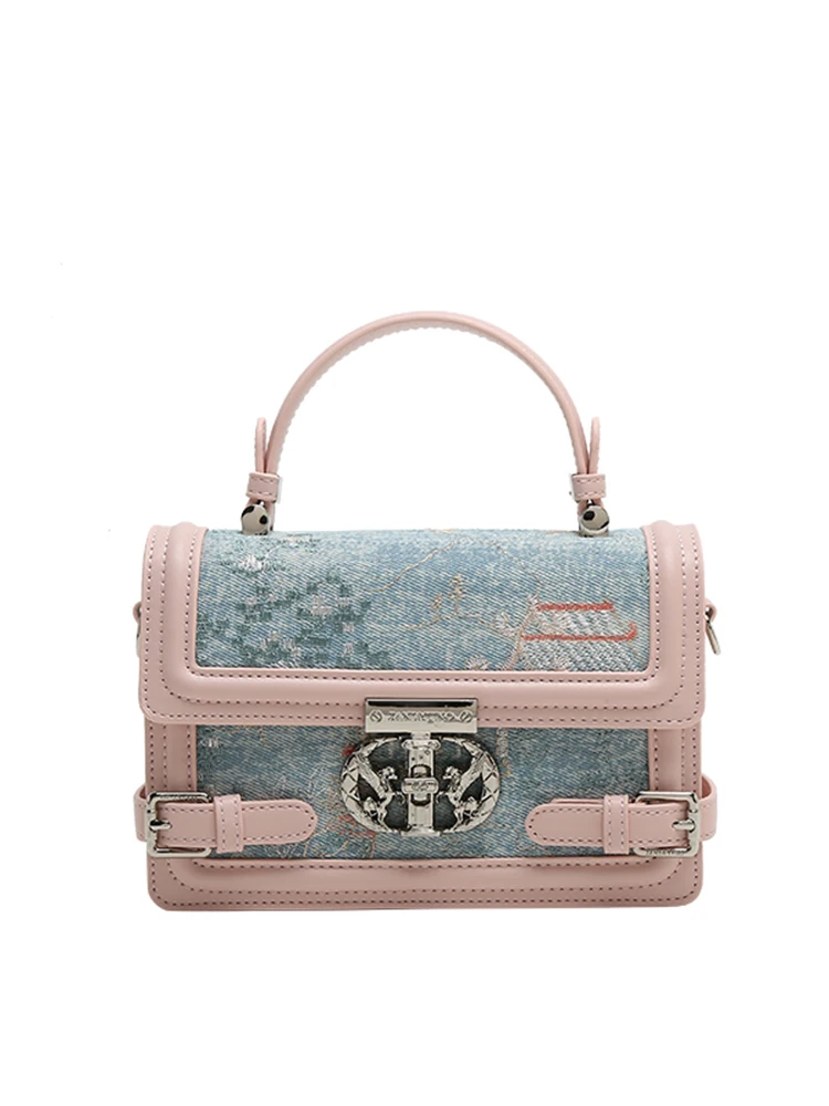 Sweet and Luxury Denim Handheld Square Bag with Beautiful Printing 2024 Women Contrast Color and Fashion Shoulder Crossbody Bag