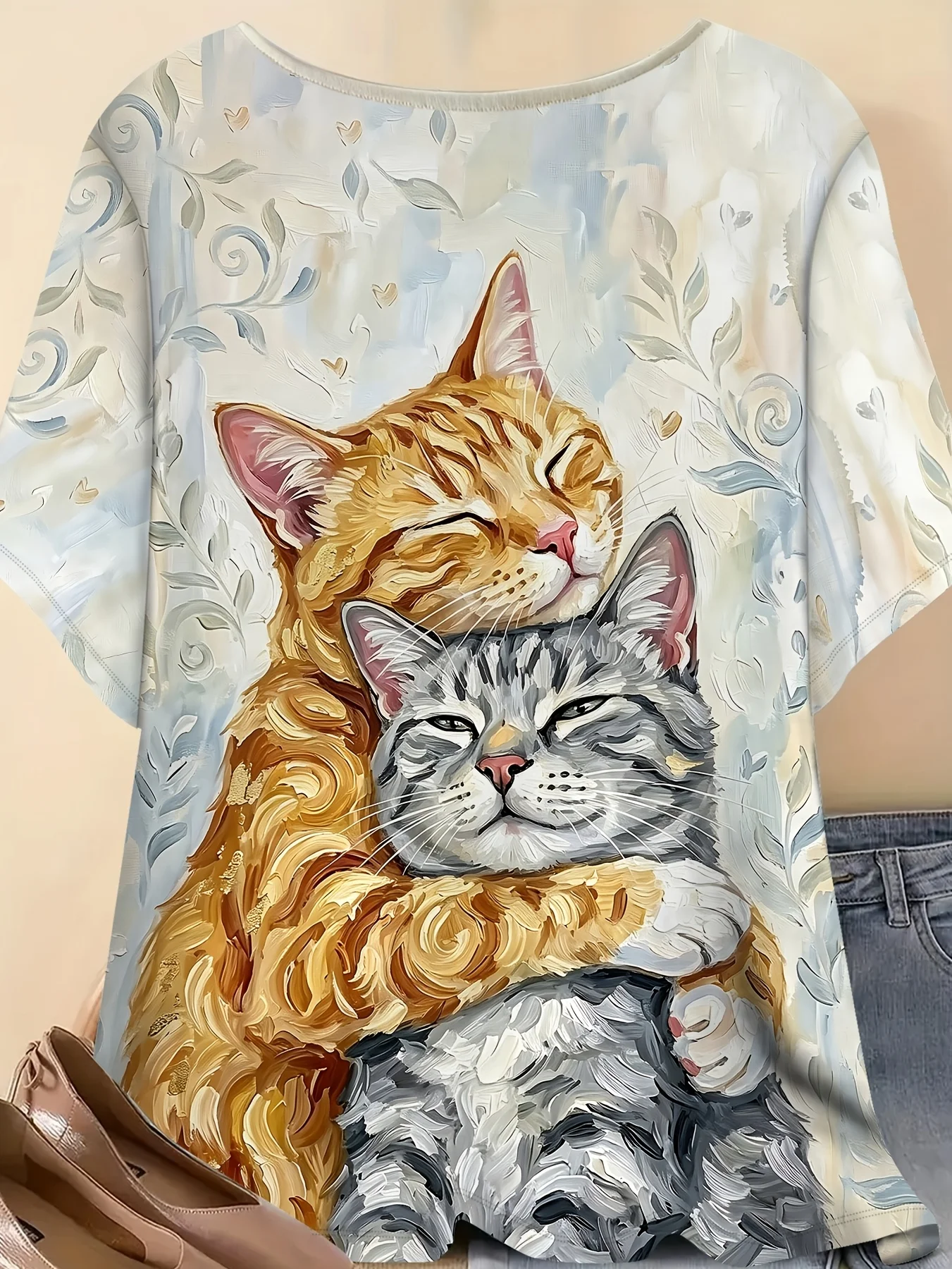 Women Crew Neck Short Sleeve T‑Shirt, Hugging Cats Oil Painting Floral Vintage Art Graphic Tee