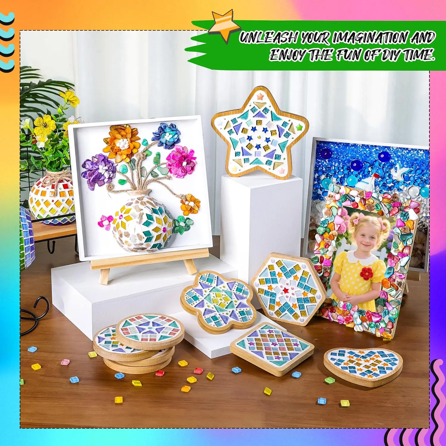Sea Glass Art Kit,DIY Resin Beach Art Kit,DIY Mosaic Arts & Craft Kits Vase Flower Painting Kits for Home Decor Bookshelf Office