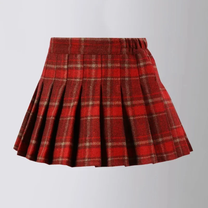 Girls Woolen Plaid Skirt Autumn Winter Thicken Warm A-line Short Skirt College Style Red New Year Christmas Costume Kids Clothes