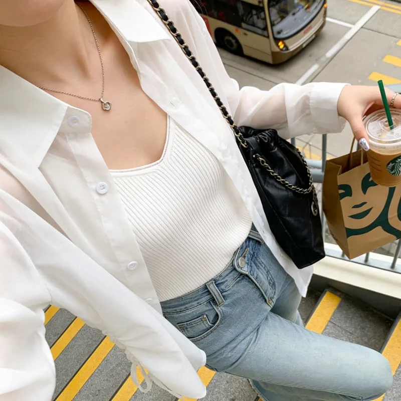 New Spring and Summer Sunscreen Lapel Cardigan Transparent Women's Long-sleeved Shirt Solid Color Drawstring Loose Chic Blouse